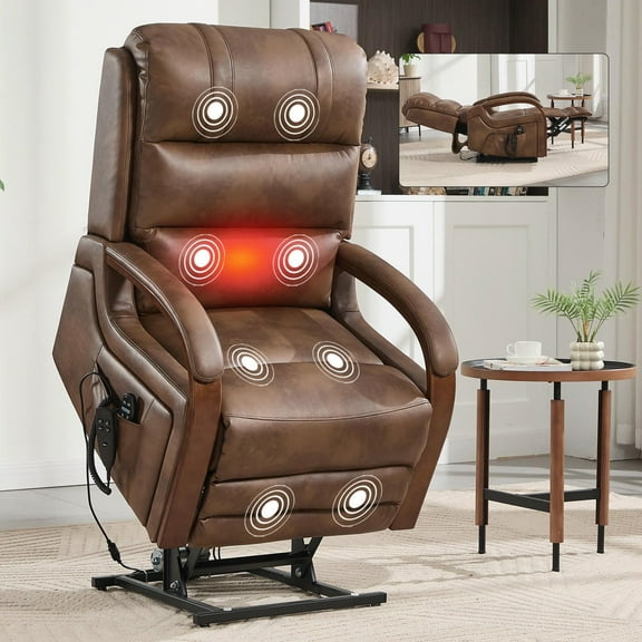Barara King Reclining Chair Sofa with Solid Wood Armrests, Heat Massage and Heavy Duty Motion Mechanism, Single Recliner with Power Leatheraire Lift Dual Motor, Brown