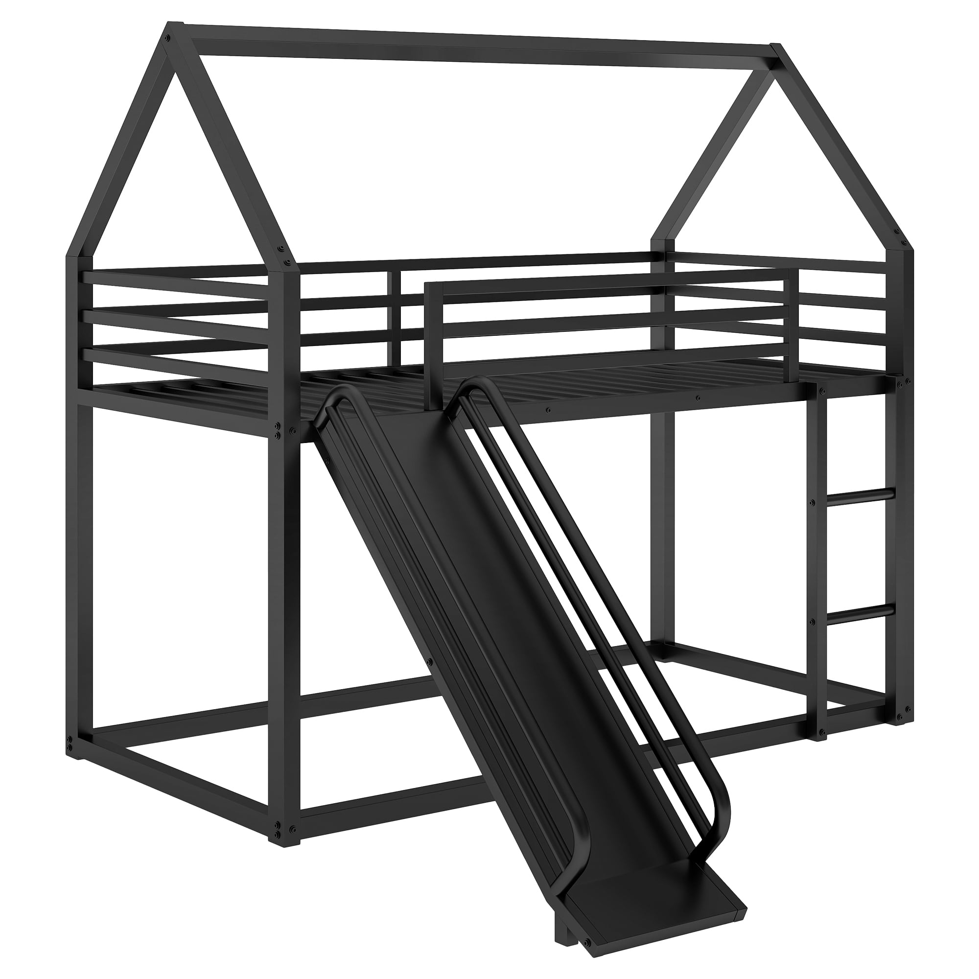 Euroco Twin over Twin House Bunk Bed with Ladder and Slide for Kids Teens Bedroom, Black