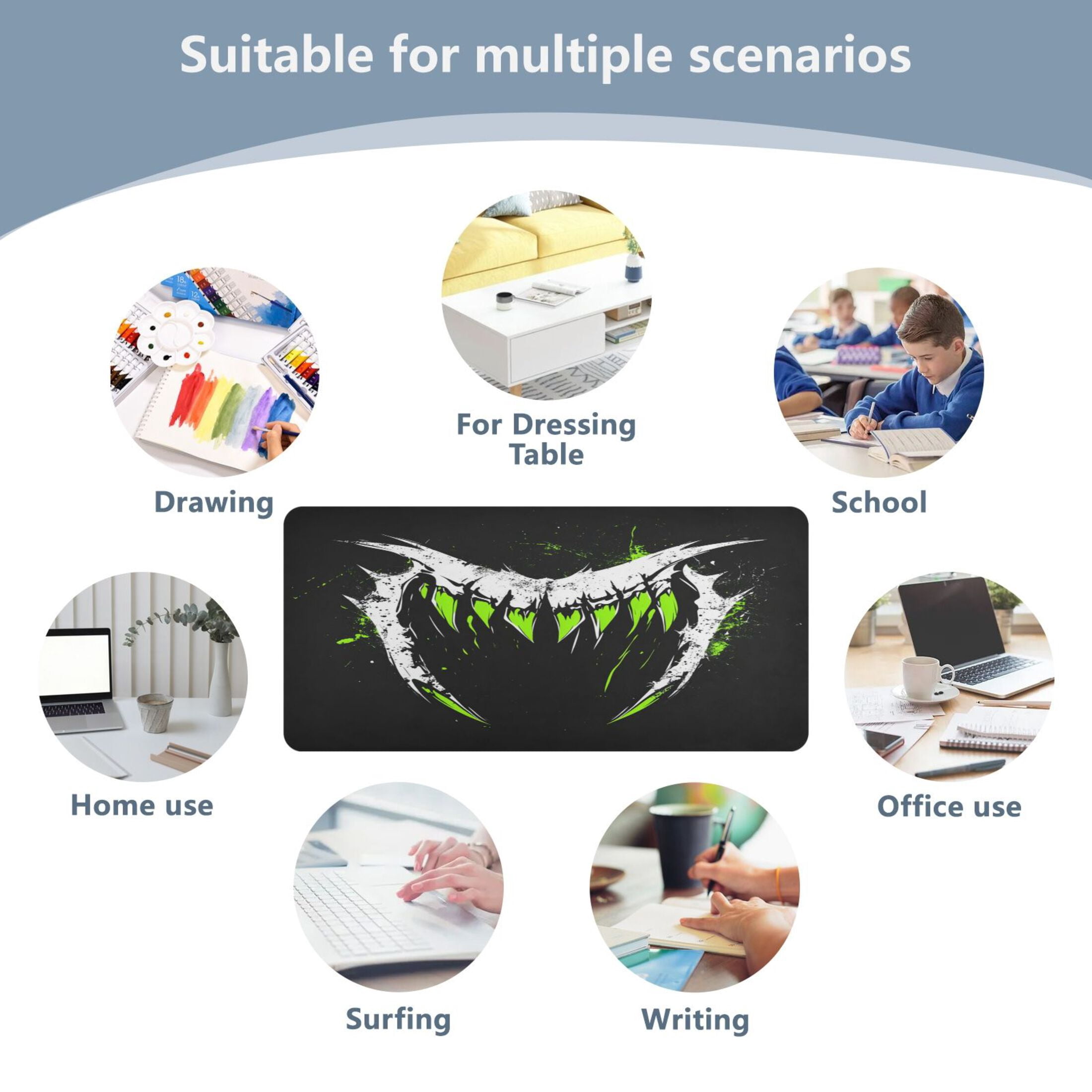 Wobogo Green Fangs Gaming Mouse Pad Non-slip Leather Desk Mat Water Resist Keyboard Pad for Gamer Office 23.6×47.2in