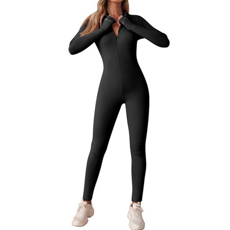 

ANXINDABX Zipper V-neck Long Sleeve Sports Jumpsuit Skinny Stretch Ribbed Fitness Romper Women Street Yoga Playsuit Club Overalls