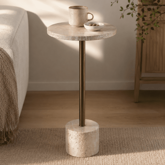 Travertine Accent Table for Home Decor - Modern Side End Table for Living Room - Decorative Drink Table for Bedroom and Office Spaces - 26", Gold
