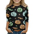 thumbnail image 3 of Cute Halloween Shirt Girls Ghost Pumpkin Bow Print 3/4 Sleeve T Shirt Halloween Graphic Tee Spooky Season Fall Outfit Kids,2-3 Years,Green, 3 of 7
