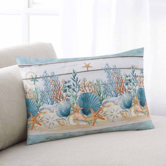 Starfish Coastal Throw Pillow Covers, Summer Ocean Blue Coral Conch Seagrass Soft Breathable Pillow Cases with Zipper for Sleeping, Queen Size Pillowcases for Couch Bed Sofa Chair 20x30 Inches