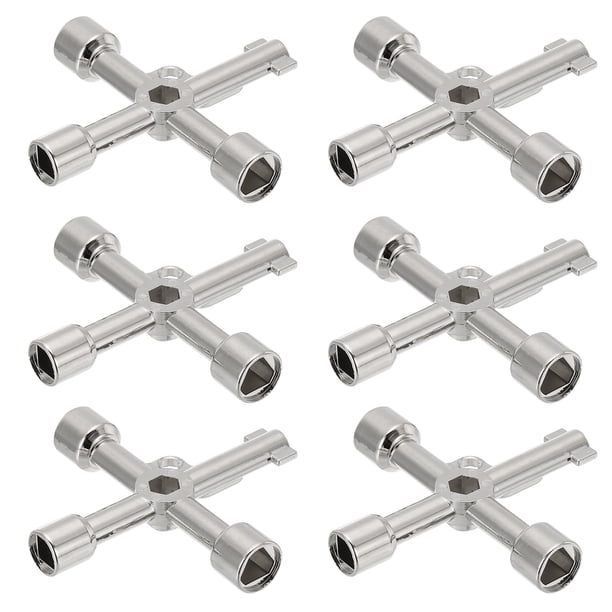 Llave de utilidad de 4 vías Uxcell 6pcs, llave multifuncional en forma de triángulo y cuadrado para abrir armarios eléctricos de válvulas, color plateado