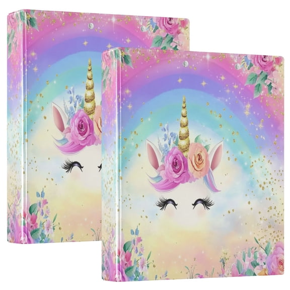 joogoo Unicorn with Rainbow Hardcover 3 Ring Binder 1.5" Round Rings Interior Pockets Binders Organizer 2 Pack