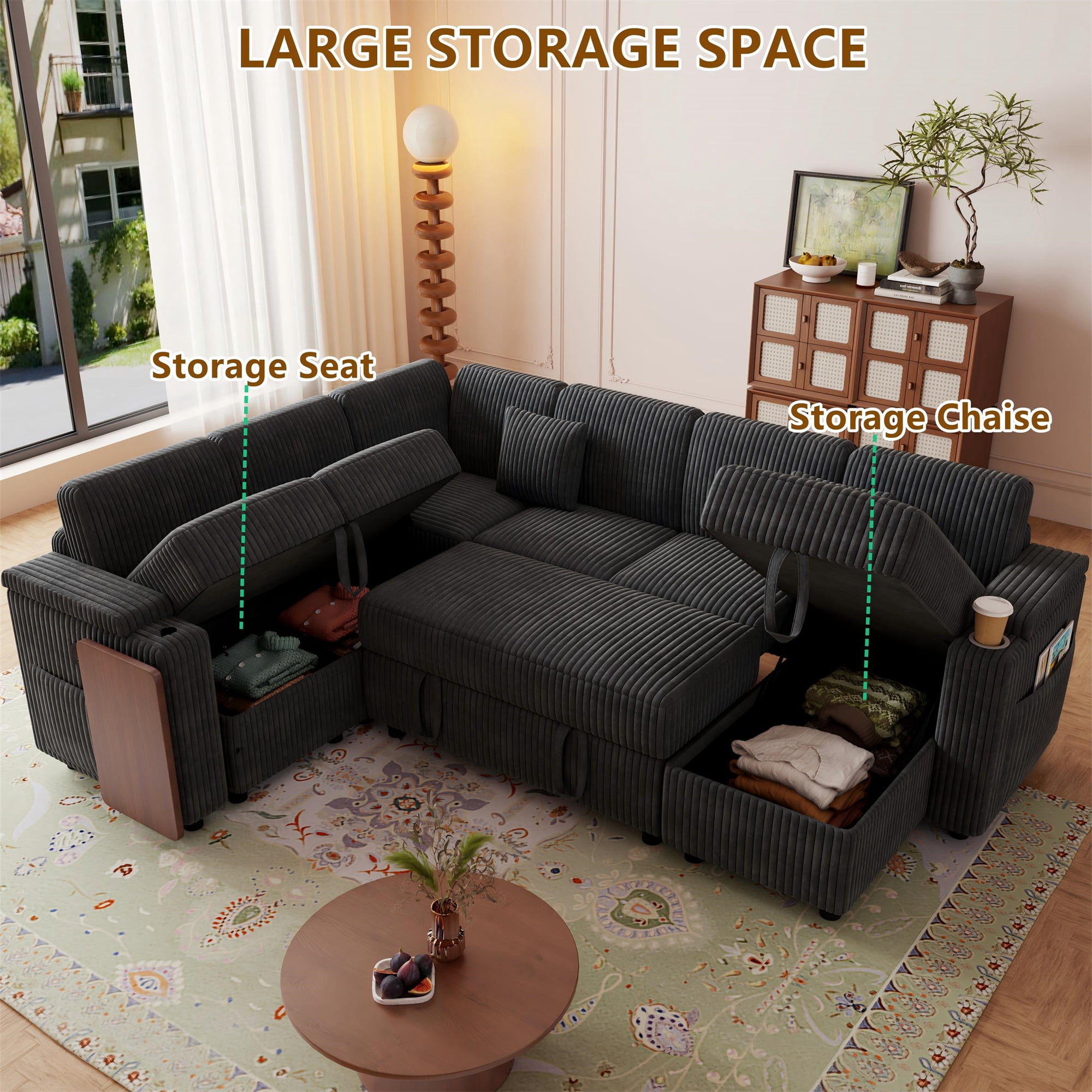 Aukfa 100" U Shape Convertible Sectional Sleeper Sofa Bed with USB/Type-C Port/Side Table/Storage Chaise/Cup Holder, 7 Seat Modular Sofa, Corduroy, Dark Gray