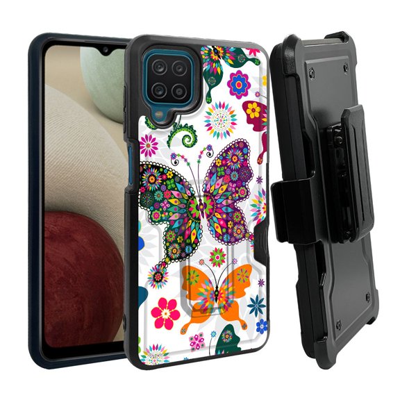 ANJ  Rugged Dual Layer Shockproof Holster Case w/Card Slot, Kickstand   Tempered Glass for Samsung Galaxy A12 - Tribal Butterfly