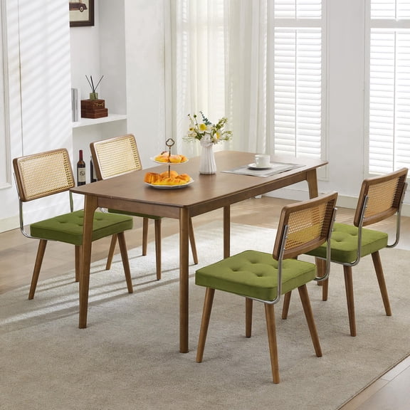Set of 4 Mid Century Boho Dining Chairs, Rattan Back Curved Wood Frame Soft Upholstered Seat, Rubberwood Leg Ergonomic Seats for Kitchen Dining Room