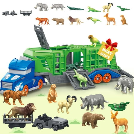 Frontoytall Toddler Truck Toys for 3 4 5 6 Years Old Boys, Safari Animals Toys with Transporter Truck, Zoo Animals for Toddlers 3-9 Years Old, Jungle Playset Toy Ideal Gift for Boys and Girls