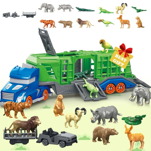 Frontoytall Toddler Truck Toys for 3 4 5 6 Years Old Boys, Safari Animals Toys with Transporter Truck, Zoo Animals for Toddlers 3-9 Years Old, Jungle Playset Toy Ideal Gift for Boys and Girls