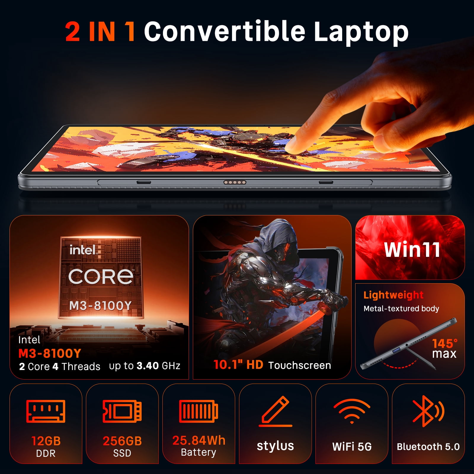10.1" Windows 11 Pro Tablet PC,12GB RAM 256GB SSD,Intel Core i3 Processor (up to 3.4 GHz),,Touchscreen, Type-C,Micro HDMI,with Stylus & Case