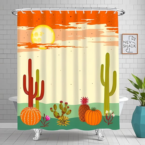 Whimsical Desert Sunset Shower Curtain with Cacti Moon and Harvest Imagery Vintage Style Decor