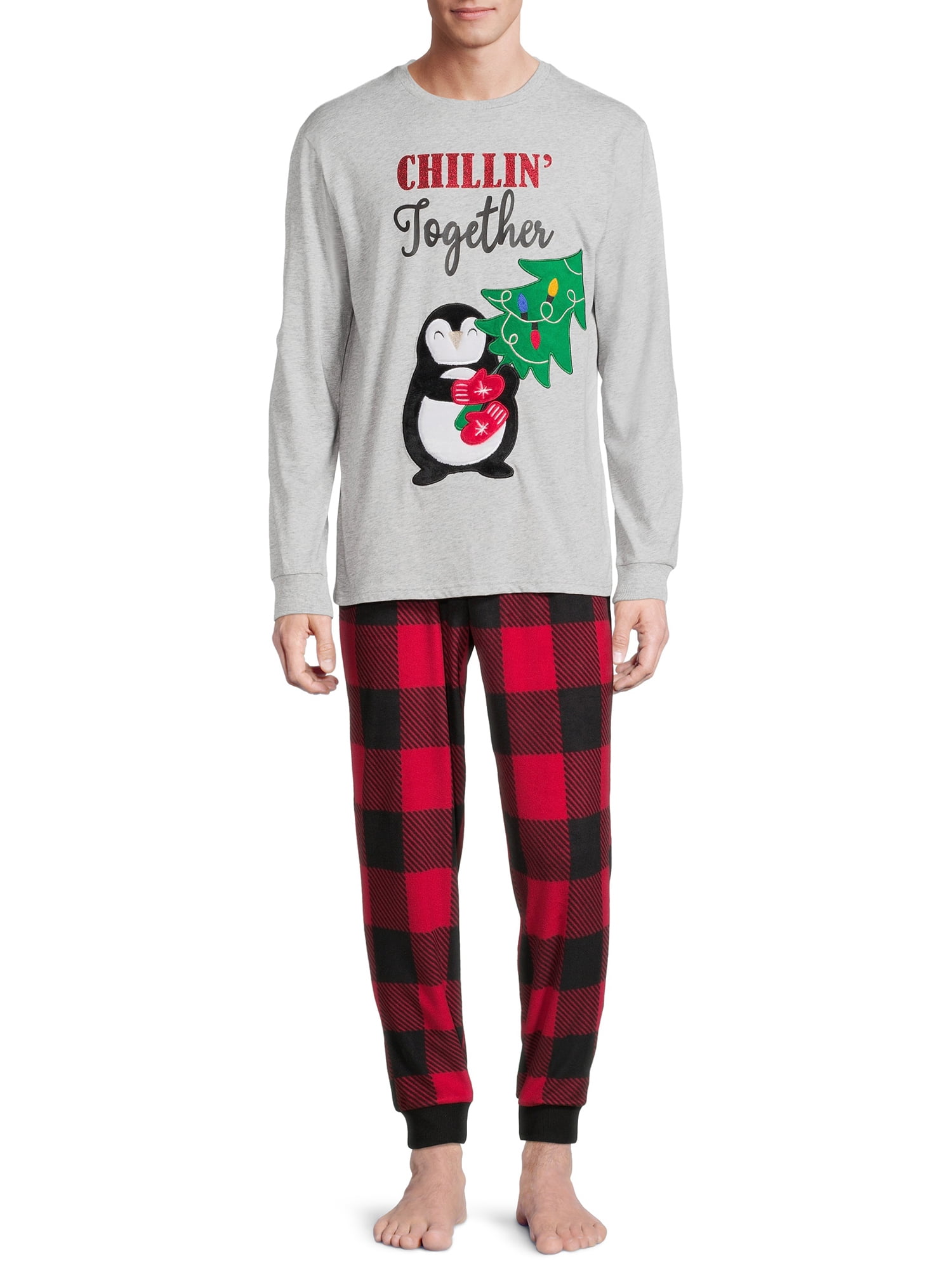 Holiday Time Men's and Men's Big and Tall Matching Family Pajamas Penguin Top and Pants Set, 2-Piece, Sizes S-3X