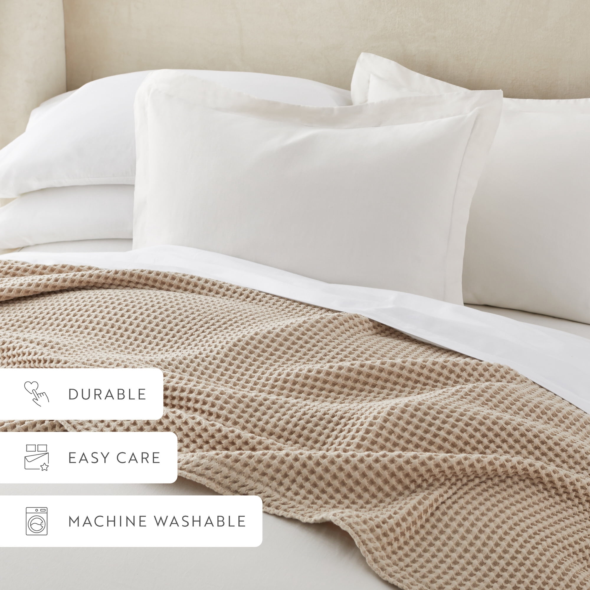 Noble Linens 100% Cotton Waffle Texture Bed Blanket, Tan, Full/Queen