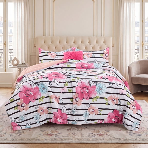 Regency Heights Full/Queen Comforter Sets, 4-Piece Floral Bedding Sets for All Season, Pink Stripped Comforter Set with Dec Pillow