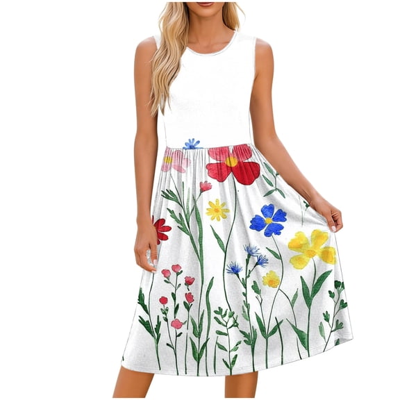 Yievot Summer Dresses for Women Casual Sleeveless Midi Dress Pleated Flowy Tshirt Sundress Floral Print Cute Dress