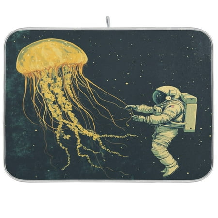 

Jellyfish and AstronautKitchen Drying Mat Heat Resistant Drainage with Non-Slip Rubber Backing Hides Stains Super Absorbent Easy to Clean 18×24in