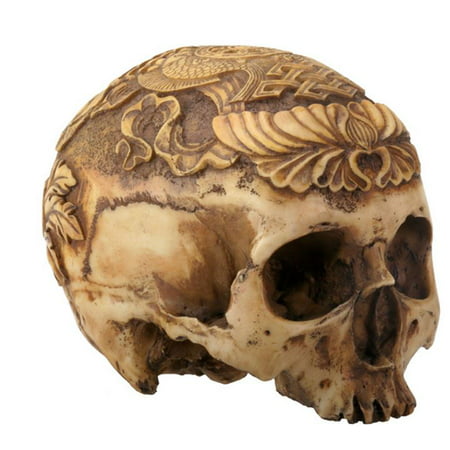 Natural Colored Human Skull with Carved Designs Halloween Figurine