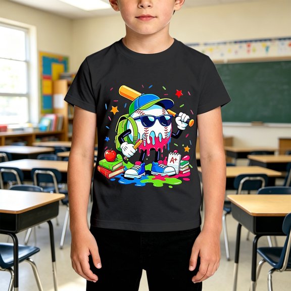 School Uniform Tshirts Boys Casual Print Crewneck T Shirt Short Sleeve School Top Boys T Shirts Black 3-4 Years