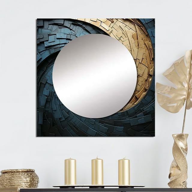 Designart "Gilded Aqua Swirl Simplistic Pottery" abstract spirals Square Mirror For Wall Decor - Large Gold Square Mirror Printed Wall Decor - Modern Square Living Room Mirror