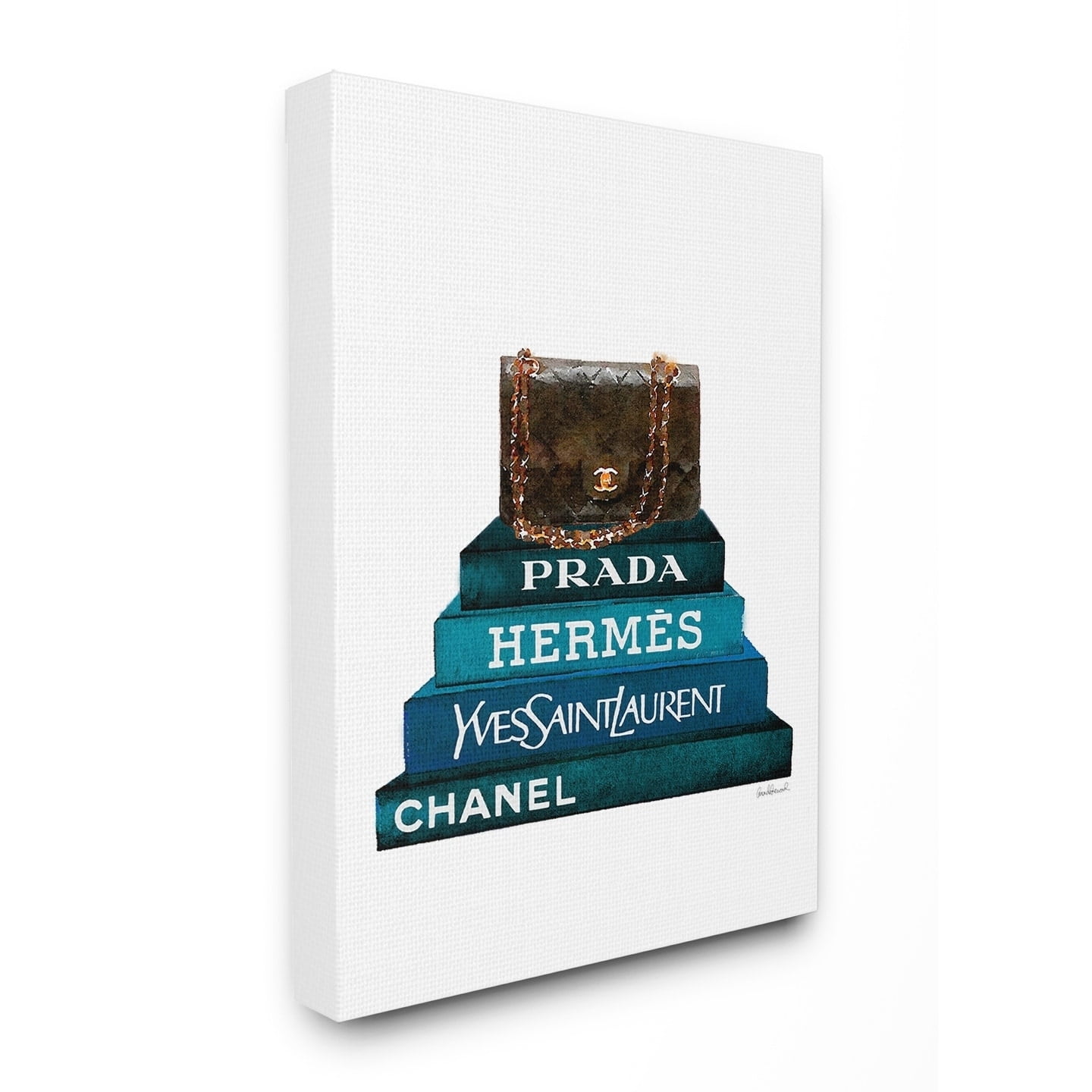 The Stupell Home Decor Dark Teal Fashion Bookstack with Brown Fashion Bag Canvas Wall Art