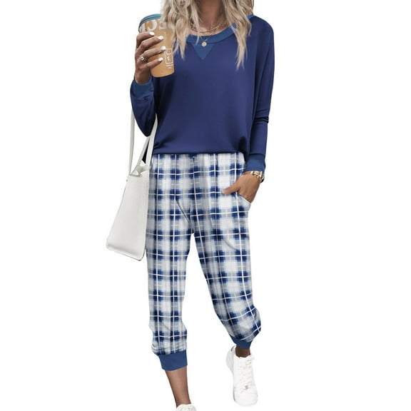 Ekouaer Womens Jogger Pajama Set Long Sleeve Pjs 2 Piece Gingham Lounge Joggers Set Soft Pyjamas Blue Plaid Jogger Pjs