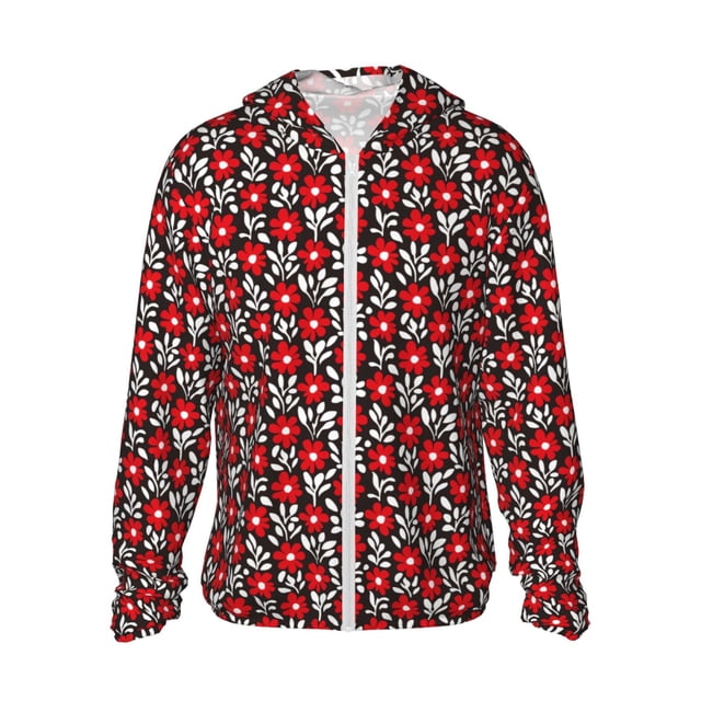Balery Red Floral Sudadera ligera de manga larga con capucha y protección solar UPF 50+ para hombre y mujer, ideal para pesca y running-XX-Large