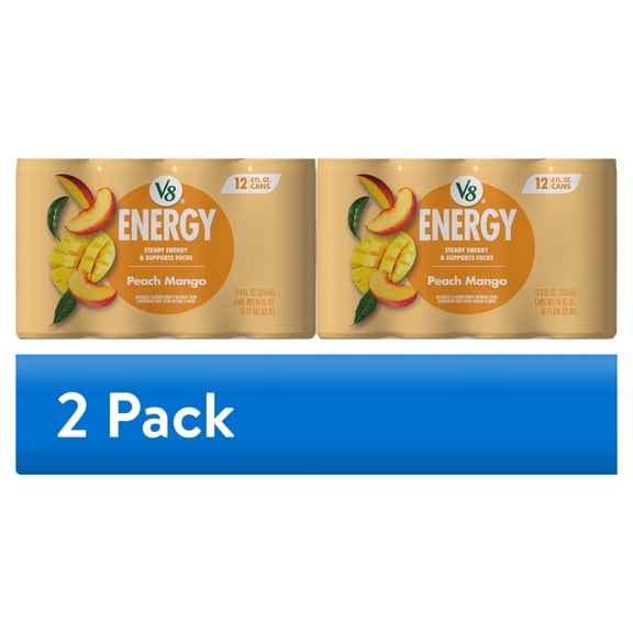 (2 pack) V8 Energy Peach Mango Energy Drink, 8 fl oz Can, 12 Pack