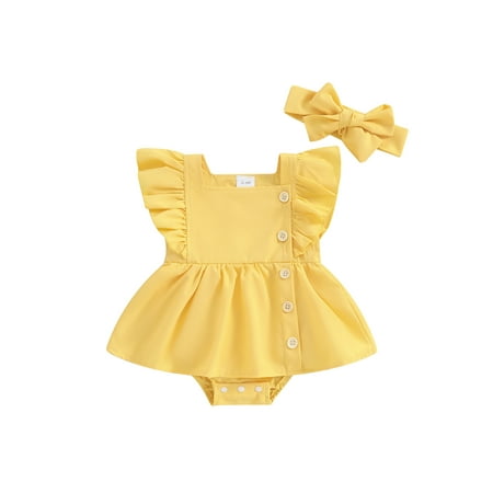 

Baby Girl 2 Piece Set Square Neck Fly Sleeve Button Down Romper Dress + Solid Color Headband Infant Toddler Summer Outfits