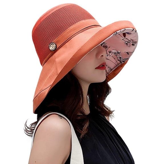 Women Mesh Sun Hats Summer Beach UV Protection UPF Packable Wide Brim Chin Strap Hot Pink