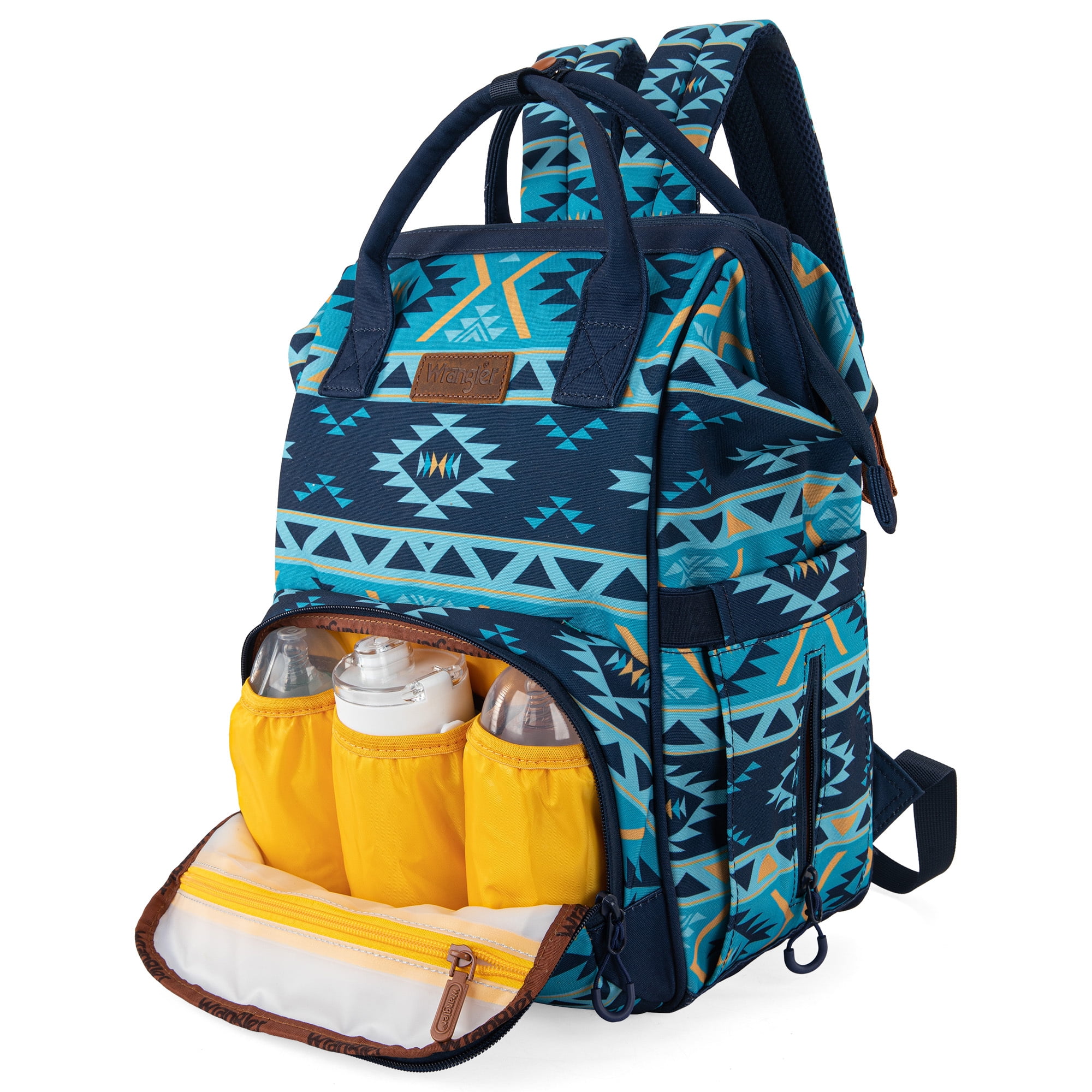Wrangler Aztec Travel Backpack Baby Bag for Women with Stroller Strap and Side Bottle Pockets Organized Diaper Bag, Navy