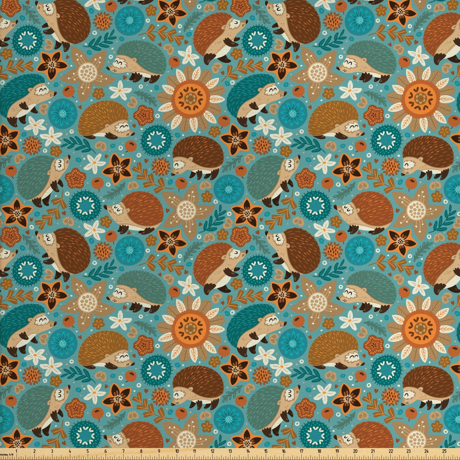 Cartoon Fabric by The Yard, Hedgehogs and Flowers with Ornamental