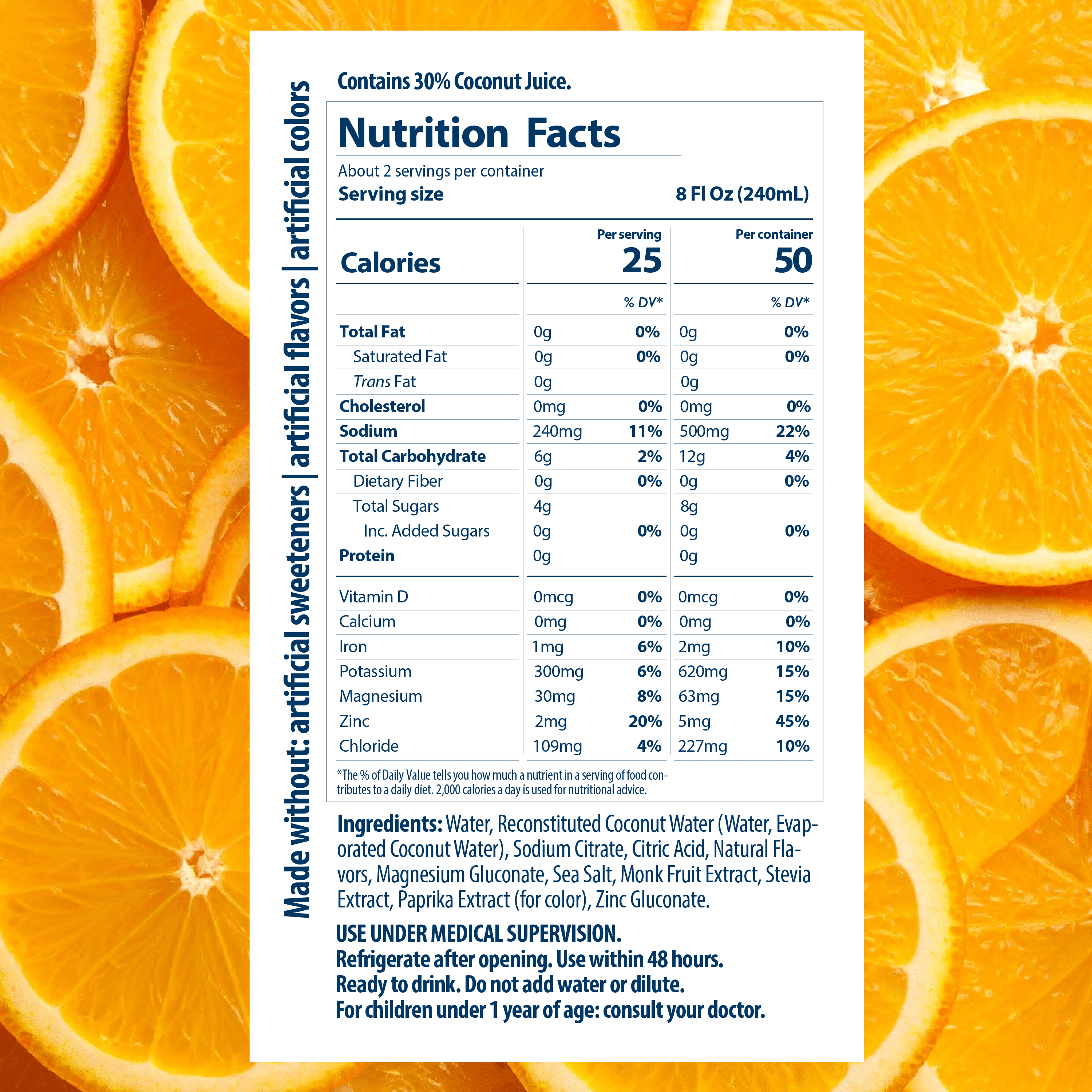 (4 pack) Dr. Brown’s Electrolyte Solution with Coconut Water and Sea Salt, 16.9 fl oz/500 ml, Orange, 1-Pack