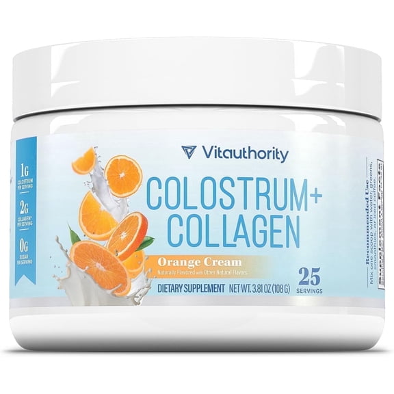 Vitauthority Colostrum Collagen Beauty Dietary Supplement Powder, Orange Cream Hydration Blend with HydroPeach Ceramides, 25 Servings