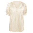 thumbnail image 3 of Juniors T-Shirts Fashionable Satin V Neck Pleated Button Short Sleeved Shirt with Ruffled Edges T Shirts for Women, 3 of 6
