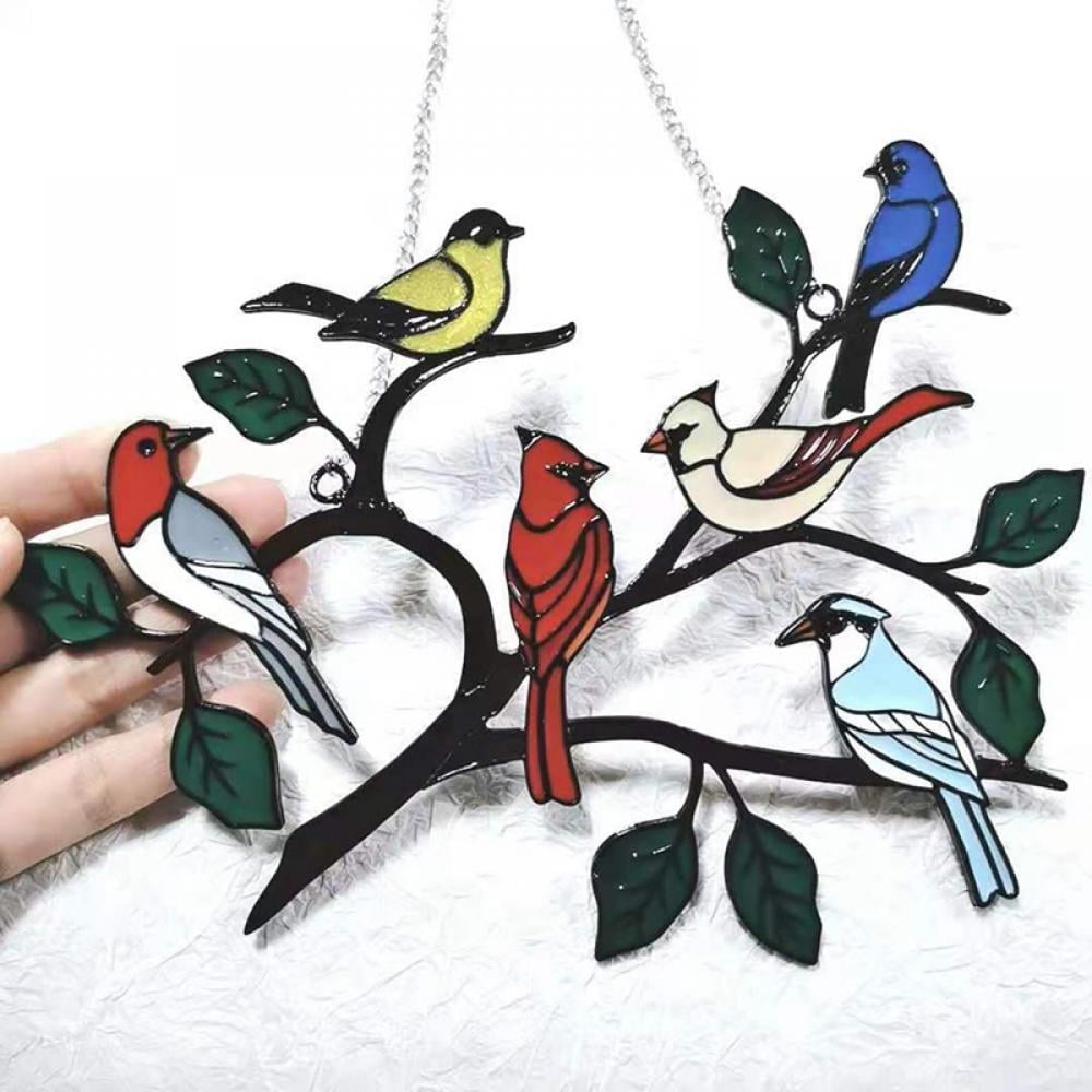 Stained Glass Birds on a Wire Window Panel Hanging Sun Catcher Ornament Gifts 