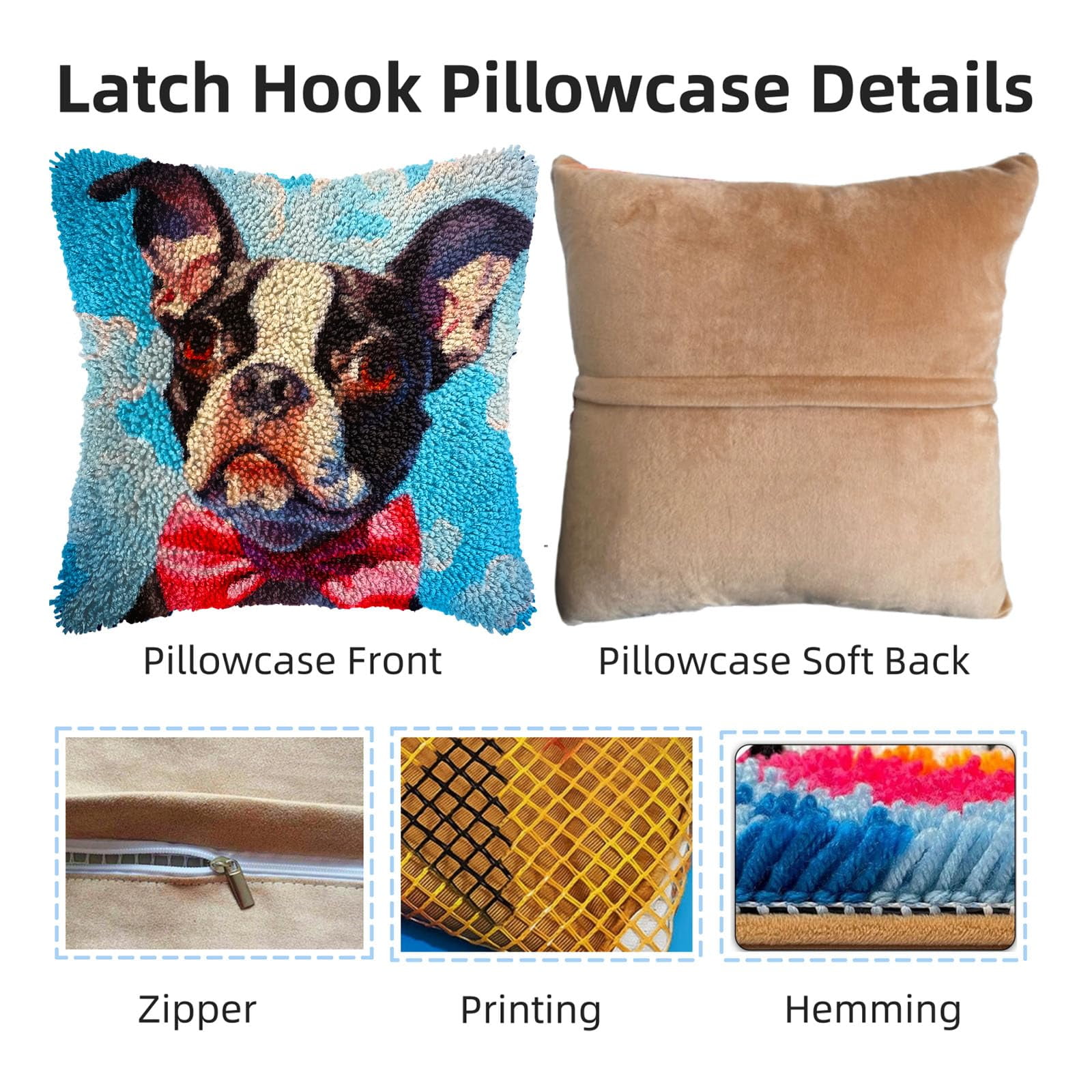 Boston Terrier Wear Tie DIY Latch Hook Pillow Kits for Adults Printed Pillowcase Crochet Yarns Hooking Handmade Pillow Cover Cushion for Home Sofa Decoration 17x17inch