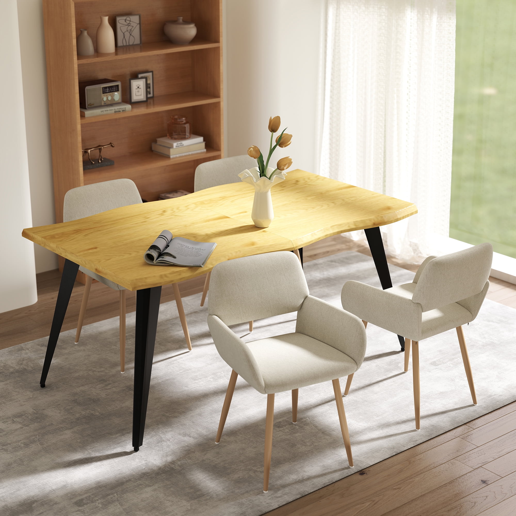 Homy Casa 4 Seater Chair Dining Table Set with Live Edge Industrial Faux Natural Table and Armchairs, Beige Fabric