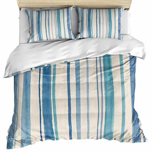 Vintage Blue Teal Striped Bedding 3 Piece Duvet Cover Set Twin Size, Farmhouse Stripes Retro Art Soft Microfiber Comforter Cover with Zipper Closure & Pillowcases, Wrinkle & FadeResistant Quilt Cover