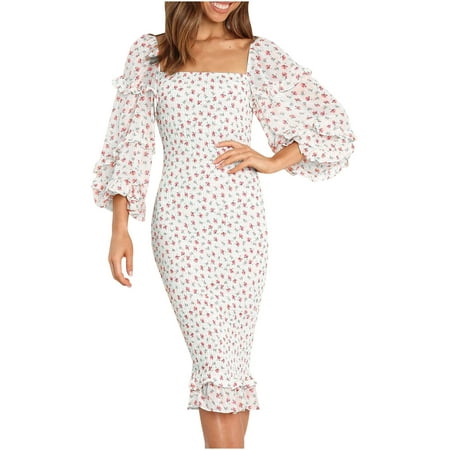 

Wedding Guest Dresses for Women Valentines Dress for Women Trendy Womens Sexy Printed Puff Long Sleeve Square Neck Regular Dress on Clearance Maternity Dress for Photoshoot Homecoming Dresses