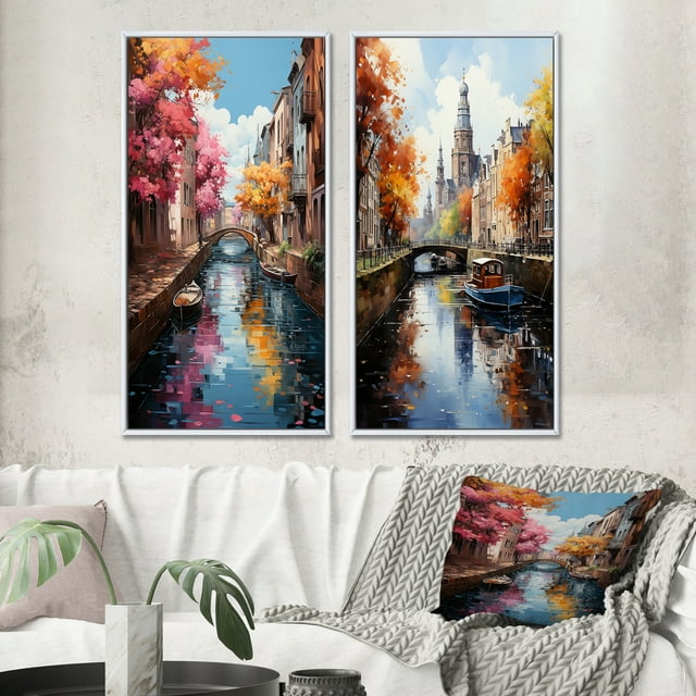 Designart "Vibrant Waterways Beige Canal Spectrum II" Canals Framed Wall Art Set Of 2 - Beige Architecture Framed Canvas Set For Living Room Decor