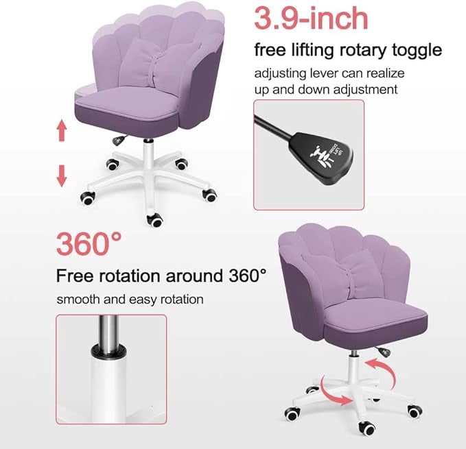 Petal Desk Chair with Bow Cushion Velvet Vanity Chair with Wheels, Upholstered Home Office Chair for Girls Women, Mid-Back Swivel Computer Task Chairs for Living Room Bedroom