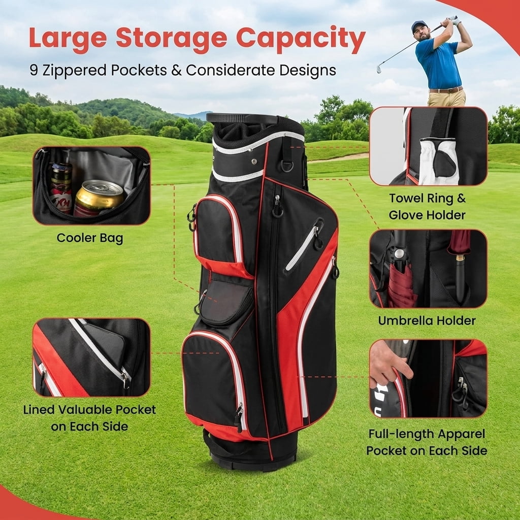 Airfind Tour-Cart 14-Way Golf Cart Bag with Color-Matched Rain Hood and Towel Ring featuring 9 zip pockets and a 9 in cart-well base for cart play, Sport Red