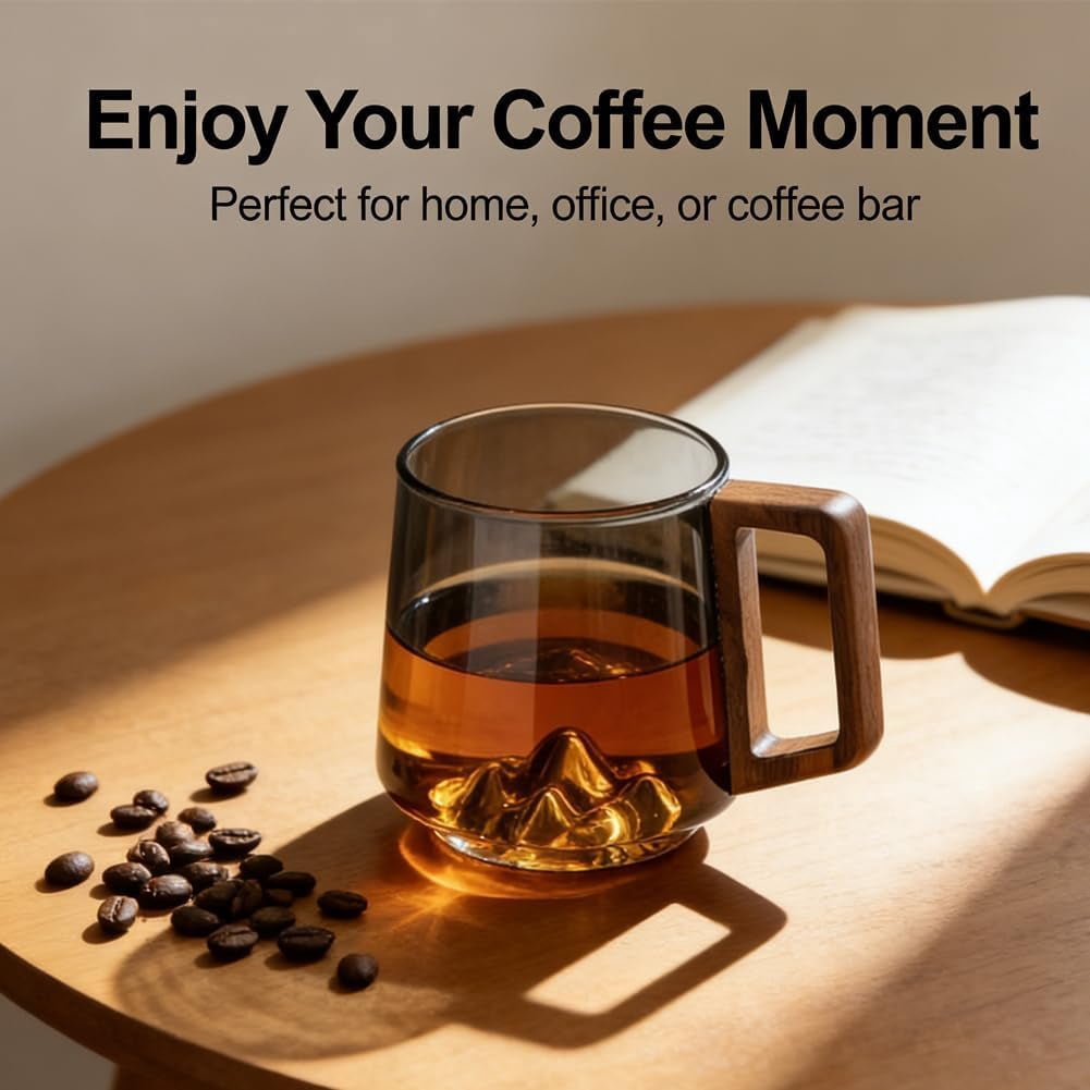 Smokey Gray Glass Slanted Coffee Cups with Wooden Handle, Mountain Base Artistic Mug, Borosilicate Heat Resistant Drinkware for Latte Espresso Tea, Elegant Conical Design (Transparent, 2)