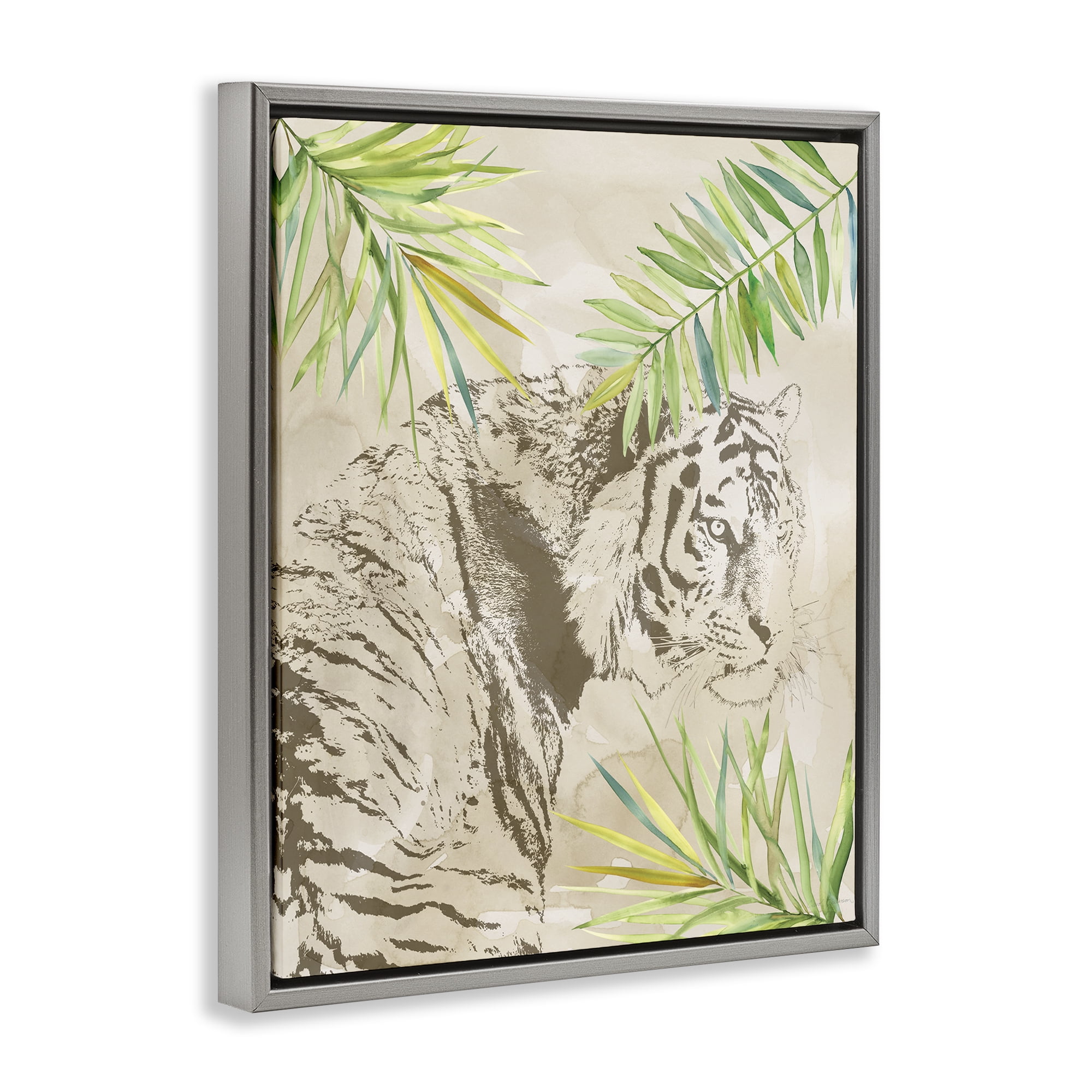 Stupell Industries Tiger Impression & Palms Animals Painting Gray Floater Framed Canvas Art Print Wall Art, 17 x 21