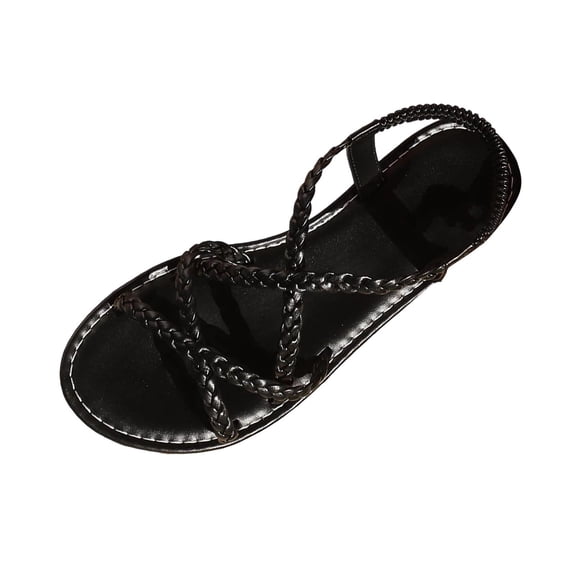 Yyuenw Women Summer PU Flat Sandals Toe Loop Crisscross Straps Ankle Buckle Casual Shoes