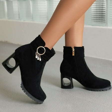 

Cathalem Winter Boots for Women Wide Fashion Women s Shoes Suede Pearl Button Hollow Thick Heel Medium Heeled Boots Size 11 Women Black 8