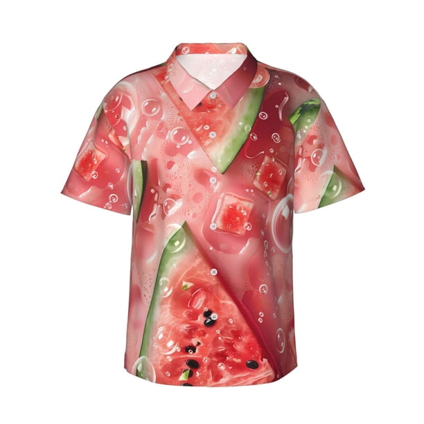 Balery Refreshing Watermelon Slices Camisas hawaianas de manga corta para hombre, camisas playeras de corte holgado, camisas de vacaciones con botones,Large