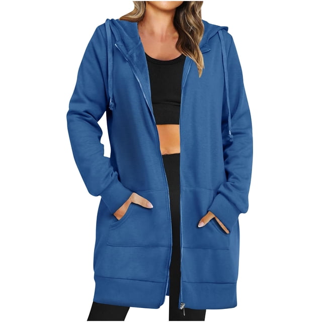 MeetoTime Long Sweat à Capuche pour Femmes Veste Zippée Automne Décontractée en Polaire avec Poches