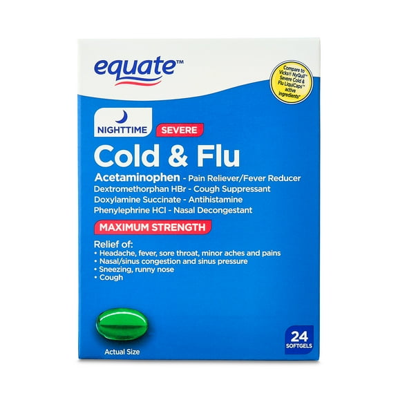 Equate Maximum Strength Nighttime Cold & Flu Softgels, 24 Count